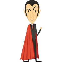 Cartoon Vampire Character in Black Suit Red Cape and White Shirt with Red Tie and Pointed Ears and Serious Expression Against Transparent Background