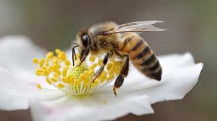 Honeybee gathers nectar from the center of a delicate white flower