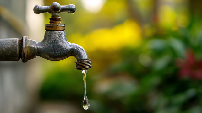 Water Dripping from an Old Outdoor Faucet