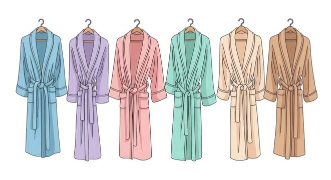 Array Of Six Colorful Bathrobes Hanging On Wooden Hangers Isolated On White Background
