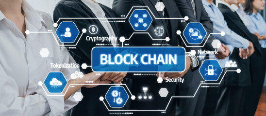 Explore a modern business environment showcasing blockchain technology concepts with professionals engaged in discussions on security, network, and innovation. Amity