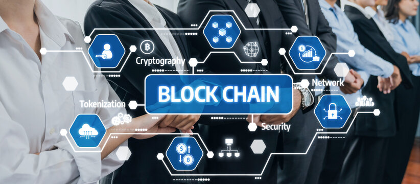 Explore a modern business environment showcasing blockchain technology concepts with professionals engaged in discussions on security, network, and innovation. Amity