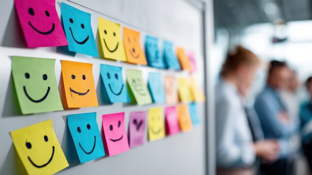 Rows of colorful sticky notes featuring hand drawn smiling faces attached to a vertical surface in an office setting