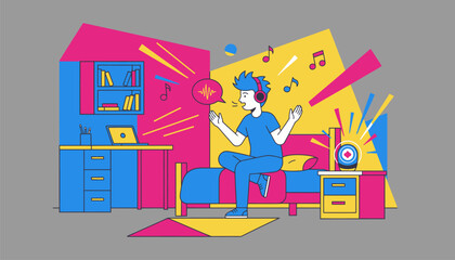 A techsavvy teenager customizing their rooms lighting and music through a voice assistant creating a vibrant atmosphere.