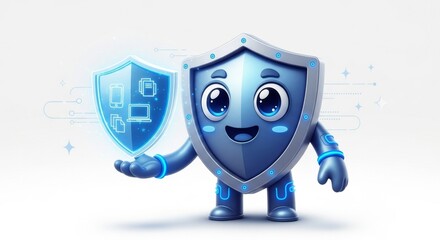 Cartoon shield character with tech symbols on white background
