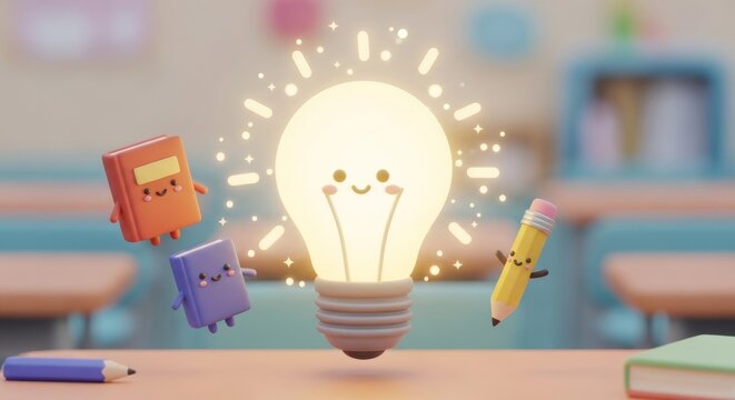 Playful cartoon light bulb with happy book and pencil in creative classroom setting
