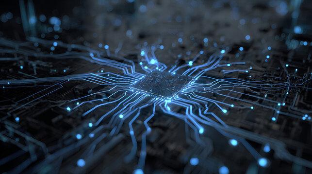 Technology background abstract science big data analysing neural network artificial intelligence futuristic electronic circuit board 3d rendering. Stock Illustration