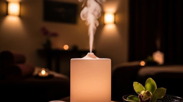 Aromatherapy diffuser releasing steam in a warm, dimly lit spa setting with orchid and stones