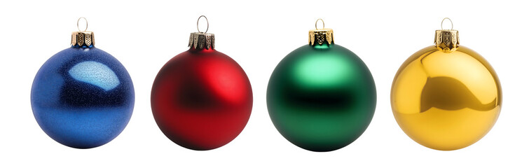 Set of blue, yellow, red, and green ball Christmas ornaments for festive decorations on transparent background