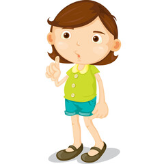 Cartoon Young Girl Wearing Green Shirt and Blue Shorts Standing with Finger Pointing Up in White Background