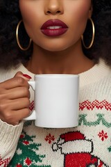 Holiday Beauty with Dark Red Lipstick and Blank Mug Mockup