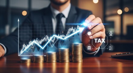 Dynamic financial growth visualized with increasing coin stacks and a soaring upward trend graph, highlighting tax implications and strategic planning.