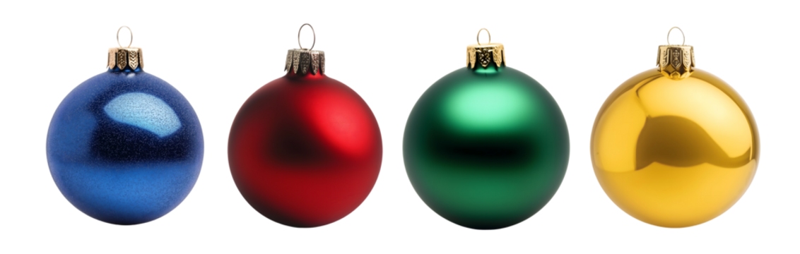 Set of blue, yellow, red, and green ball Christmas ornaments for festive decorations on transparent background - Powered by Adobe