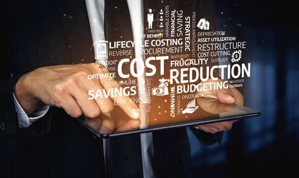 A professional businessman analyzes cost reduction tactics and budgeting methods on a digital tablet, showcasing financial efficiency and strategic planning concepts. Tessel - Powered by Adobe