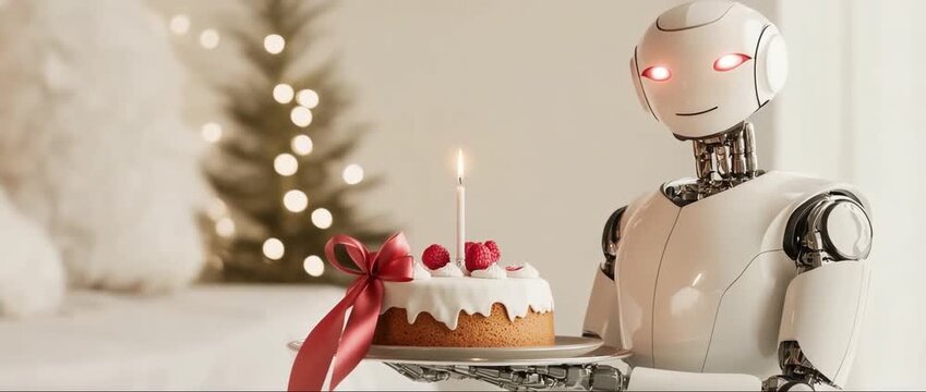 Robot stands with a birthday cake, celebrating alone with glowing eyes
