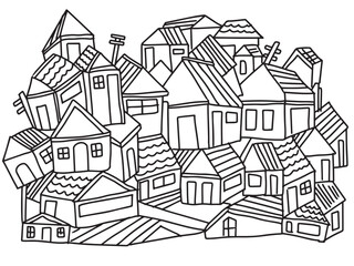 Fototapeta premium Whimsical Hand Drawn Houses in a Hilly Neighborhood line art