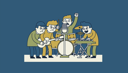 Fototapeta premium A band preparing to record a rehearsal gathering around a microphone with excitement and nervousness evident as they capture their live sound.