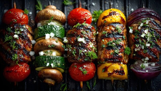 Variety of vegetables and meat are grilled on a grill. The vegetables include zucchini, tomatoes, and onions. The meat is marinated and grilled to perfection. Scene is that of a delicious