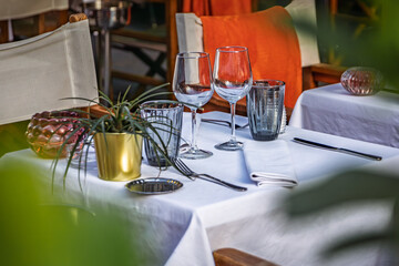 Al fresco tables waiting for customers at an outdoor restaurant in Nice, France