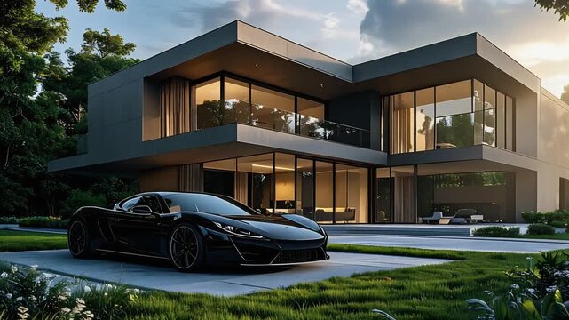 大きなガラス窓のモダン別荘に映える高級車と緑豊かな植栽の優雅な調和