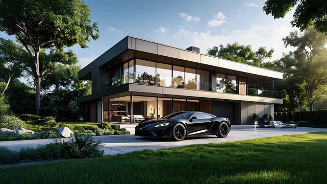 洗練された不動産デザインのモダン別荘と高級車が融合する贅沢な庭の植栽