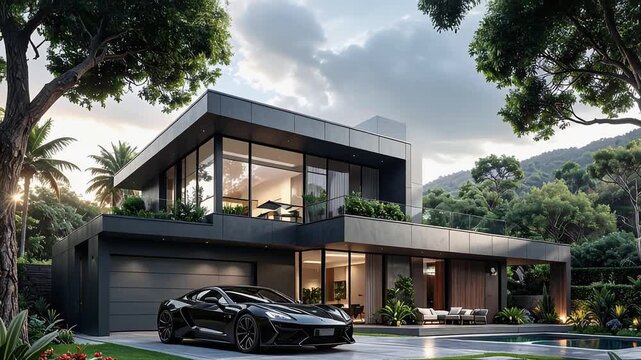 自然とモダンデザインが調和する別荘、不動産価値を高める高級車と植栽の美