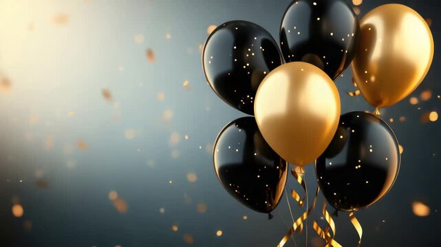 Festive balloons and golden confetti falling, creating a celebratory background