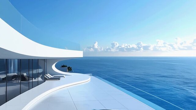 モダンな白亜の別荘と黒い高級車、海と植栽が織りなす不動産の美しき調和