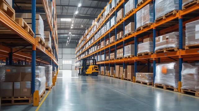 倉庫内のロジスティクス作業と整理整頓された物流ビジネスの現代的な空間構成