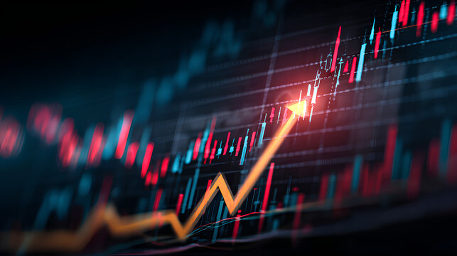 Transparent stock market investment trading graph growth and arrow up. Trade business analytics graph and financial chart.