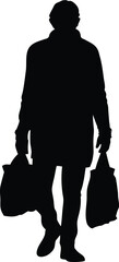 Silhouette of a person walking with bags isolated on white background