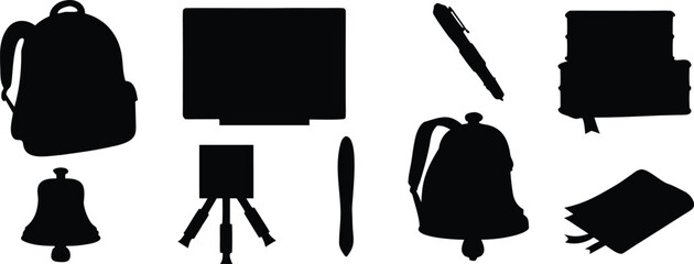 Collection of school and art supplies silhouette isolated on white background