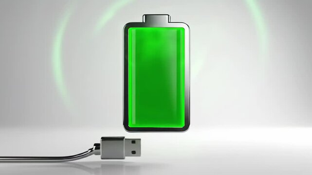 Battery charging sequence with vibrant green energy flow, showcasing dynamic visual effects and gradual illumination, emphasizing power replenishment and technology advancement