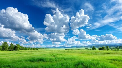 Expansive green fields under a vibrant blue sky with fluffy clouds in a serene landscape during daylight