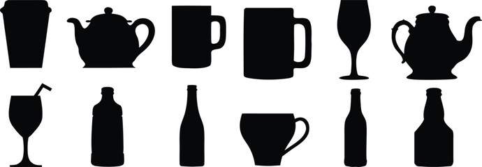 Collection of beverage container silhouettes isolated on white background