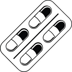 Hand drawn silhouette of a blister pack with four capsules isolated on white background