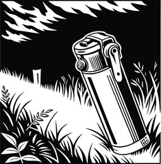 Detailed illustration of a thermos bottle in grass silhouette isolated on white background