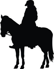 Silhouette of a person riding a horse isolated on white background