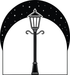 Vintage street lamp silhouette under a starry night sky isolated on white background