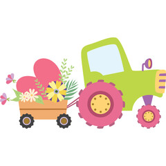 Charming Green Tractor Pulling a Wagon Filled with Pink Easter Eggs and Spring Flowers in a Whimsical Artistic Style