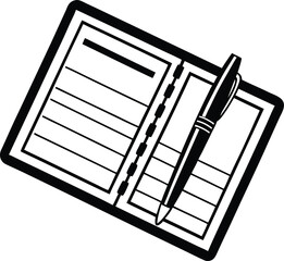 Open notebook and pen silhouette isolated on white background