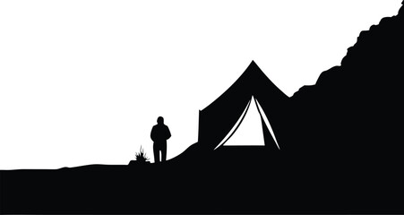 Silhouette of a person and tent on a mountain isolated on white background