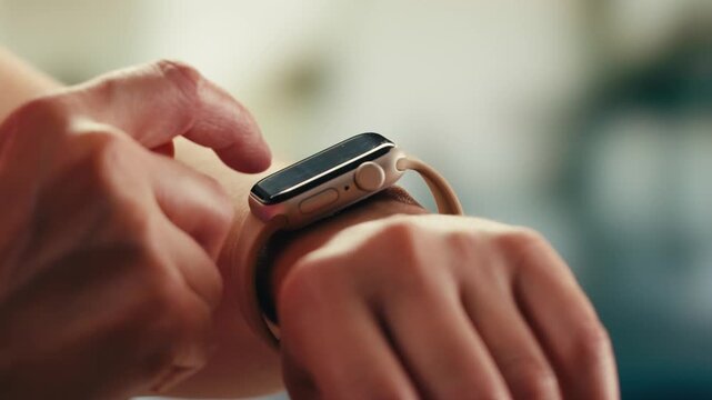 Smart watch using in gym, Close up of woman hands im gym checking incoming notification on smart watch. Incoming text message received on app smartwatch. Social media networking technology concept.