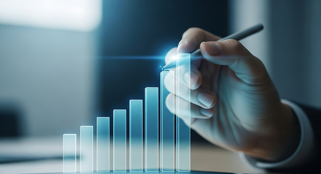 Hand using stylus on digital tablet to increase a financial growth bar chart on a virtual screen.