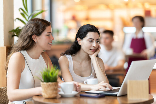 Two women at a business meeting, looking at the laptop screen, discussing a work project and drinking coffee in a cafe. Female designer discusses an order with a client