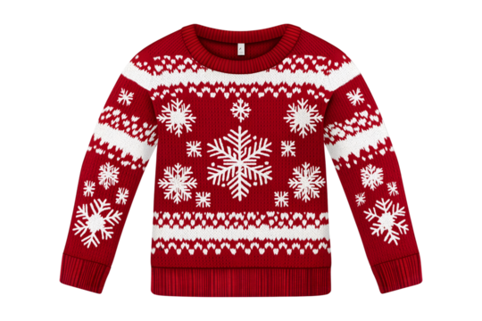Festive red sweater with white winter patterns on transparent background - Powered by Adobe