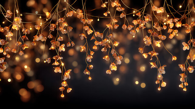 Twinkling fairy lights glow in soft amber. Golden garland loops around festive corner. Warm bulbs dangle on celebration wire. Holiday sparkle brightens the dark scene. Stock Illustration