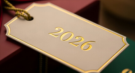 Luxury 2026 gift tag with gold numbers on a festive holiday present new year concept
