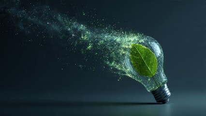 Eco-Friendly Idea Light Bulb with Leaf, Sustainability Concept, Green Energy