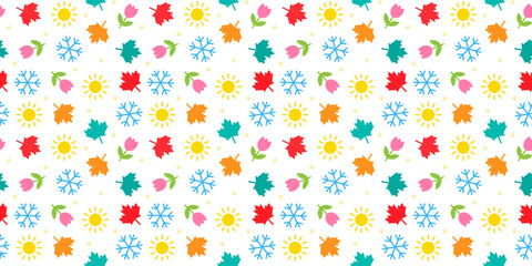 Fototapeta premium Seamless pattern with four seasons. Vector design with symbols of winter, spring, summer and autumn such as snowflake, flower, sun and fall leaf